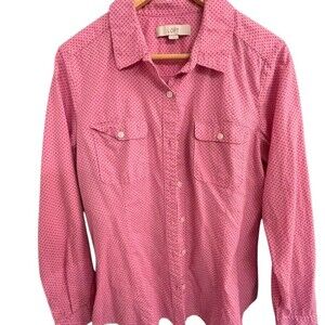 LOFT Ann Taylor Shirt Womens Size L Pink Polka Dot Button-Front Collared